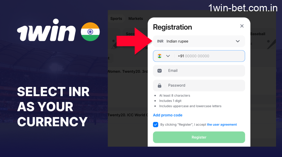 Select INR currency for 1win account registration